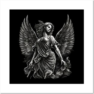 Angel statue in tattoo style | Original design of angel statue with tattoo elements Posters and Art